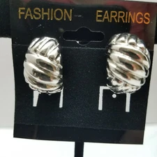 Half Loop Cross Hatch Silver Tone Clip on Earrings