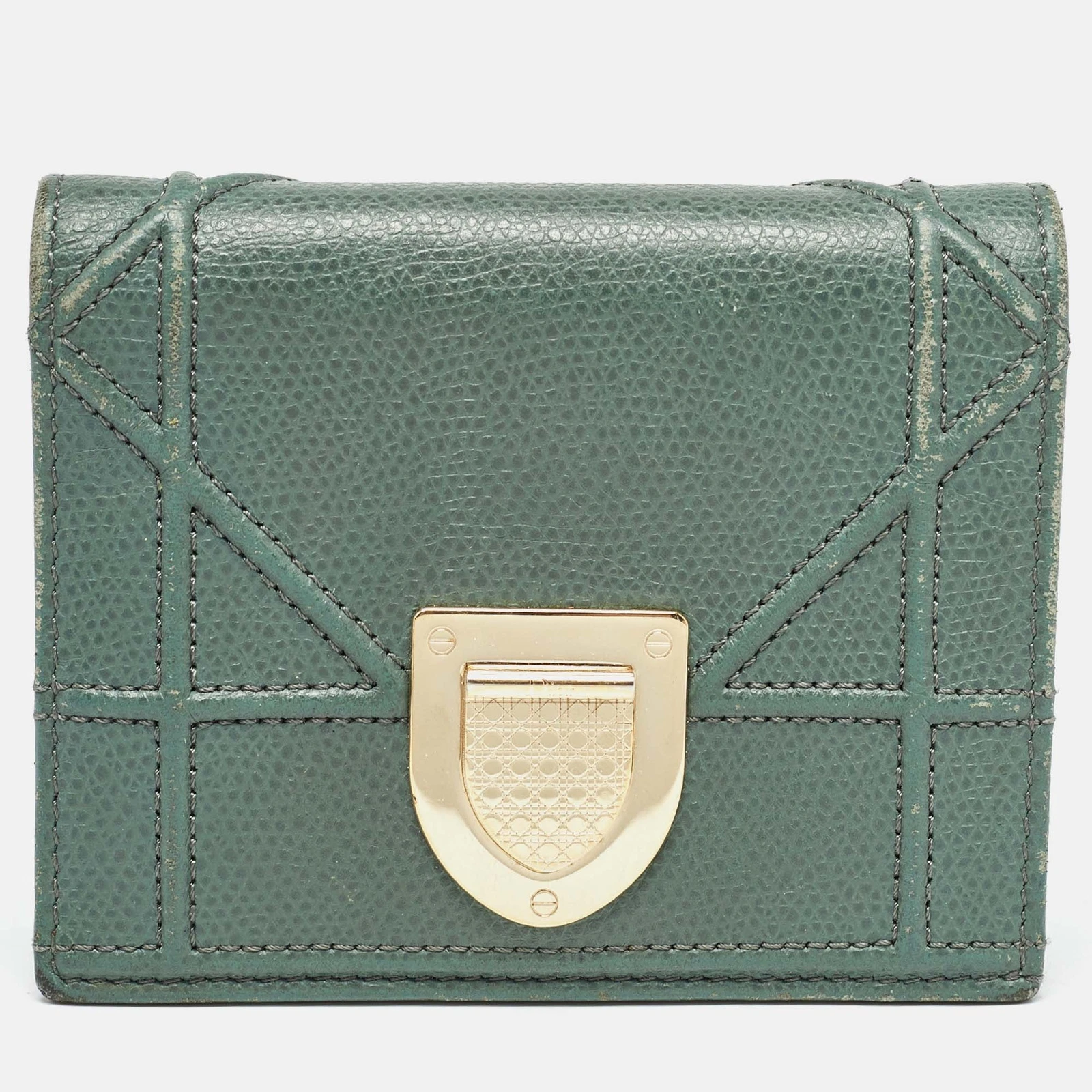 Portefeuille compact Dior en cuir vert diorama double pli