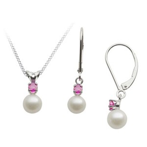 Authentic Freshwater Cultured Pearl & Ruby Drop Jewelry Set 14k White Gold Plated