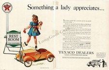 1940 TEXACO Registered Rest Rooms Little Girl Doll Pedal Car 2-page Vintage Ad