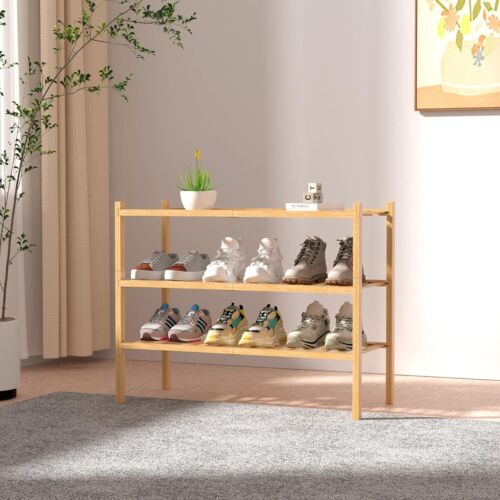 3 Tier Bamboo Shoe Rack for Closet Free Standing Wood Shoe Shelf Storage Organiz - Picture 2 of 8