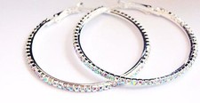 IRIDESCENT RHINESTONE HOOP EARRINGS RHODIUM SILVER 2 INCH HOOPS CRYSTAL