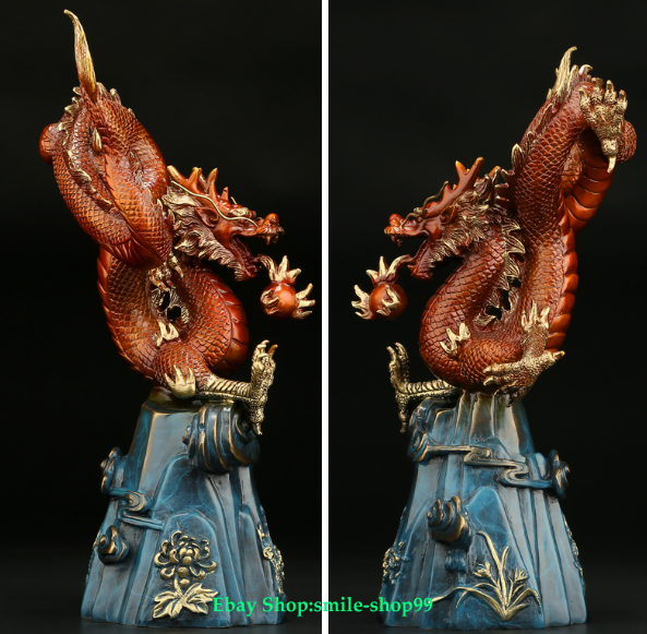 12.9"China Bronze Ware Gold Fengshui Dragon Beast Zodiac Year Animal