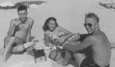 1940s Man Woman Handsome Smiling Beach Pose Smoking Pipe Friends