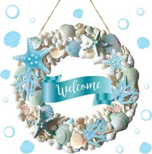 Wesiti Welcome Wooden Coastal Beach Wreath Coastal Wreath for Front Door Welc...