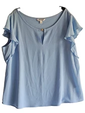 Women's Blouse Top XL Light Blue Keyhole Rhinestone Neck Flutter Counterparts