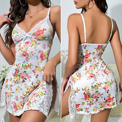 US Women Sexy Lingerie Short Satin Dress Pajamas Robe Nightgown Sleepwear Flower