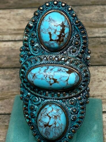 Southwestern Large Turquoise Copper Turquoise Patina Women Ring Tribal Men SALE - Picture 1 of 11