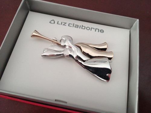 New Liz Claiborne Holiday Winged Angel Horn Music Brooch Pin Silver Gold Tone - Picture 6 of 17