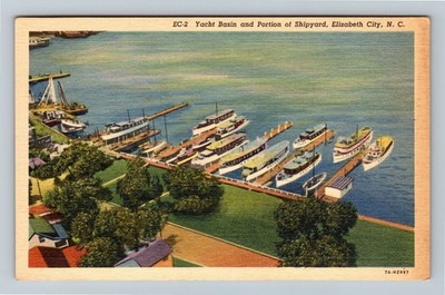 Elizabeth City NC-North Carolina Bird's Eye Yacht Basin Shipyard, Linen Postcard