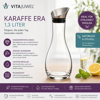 VitaJuwel Karaffe Era 1,3 L Glas Karaffe für Vita Juwel Phiolen - Edelstahldeck