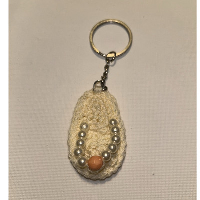 Handmade Crochet Keychain Key Ring, Beaded U-Shaped Detail, Beige/Silver