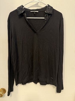 Brax Feel Good Women s Top L/S Black With Sequin Collar NWT Couture Chic Unique