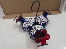 Painted Floral Blossoms Parasol 3 station Hummingbird Feeder Blue Mexico Glass