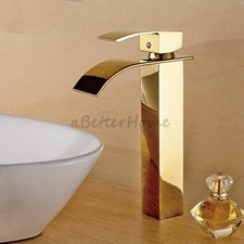 Tall Gold Waterfall Faucet Single Handle Bathroom Lavatory Vessel Sink Mixer NEW