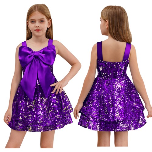 Kid Girls Spaghetti Strap Formal Dress Sleeveless Bowknot Sparkly Sequins Tiered - Picture 26 of 45