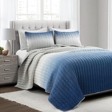 Crinkle Ombre 3 Piece Quilt Set King Navy Gray
