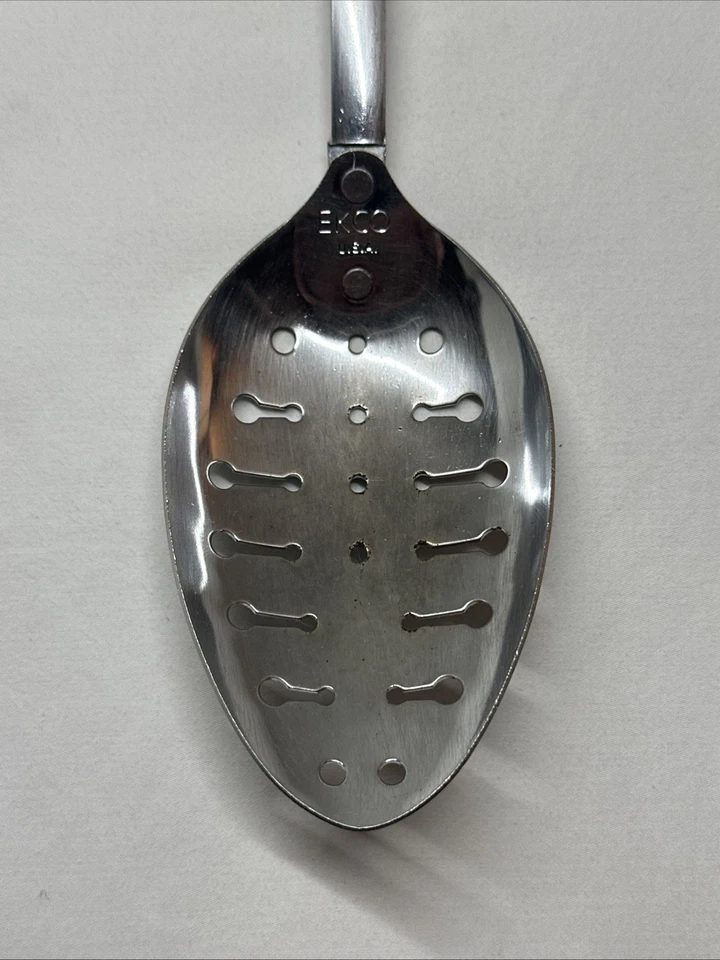 Cuchara para servir vintage EKCO EE. UU. ranurada de metal ojo de cerradura 12" mango negro Foto 3 de 4