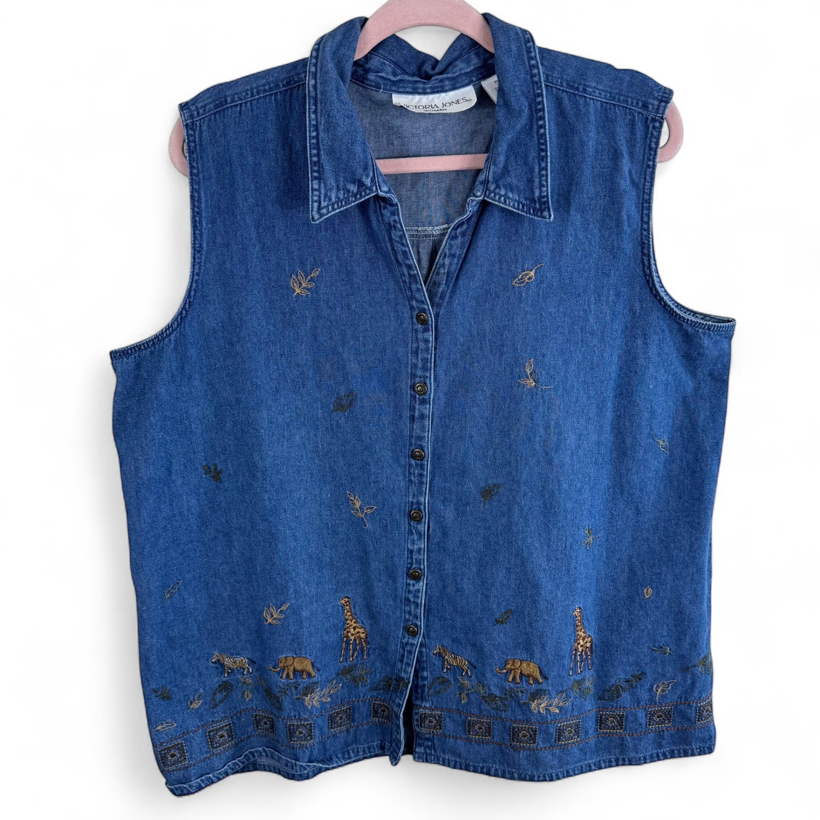 Victoria Jones Woman Vintage Blue Denim Safari Animal Embroidered Vest Top 2X