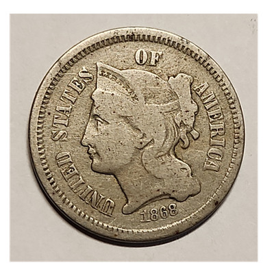 1868 Three Cent Nickel-Very Good- Post Civil War ERA-Solid Historic Old Coin #1
