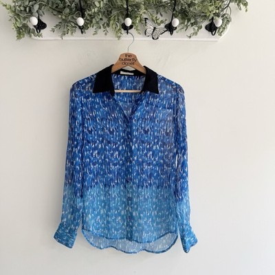 Equipment Blue 100% Silk Abstract Button Down Semi Sheer Blouse Size XS JE
