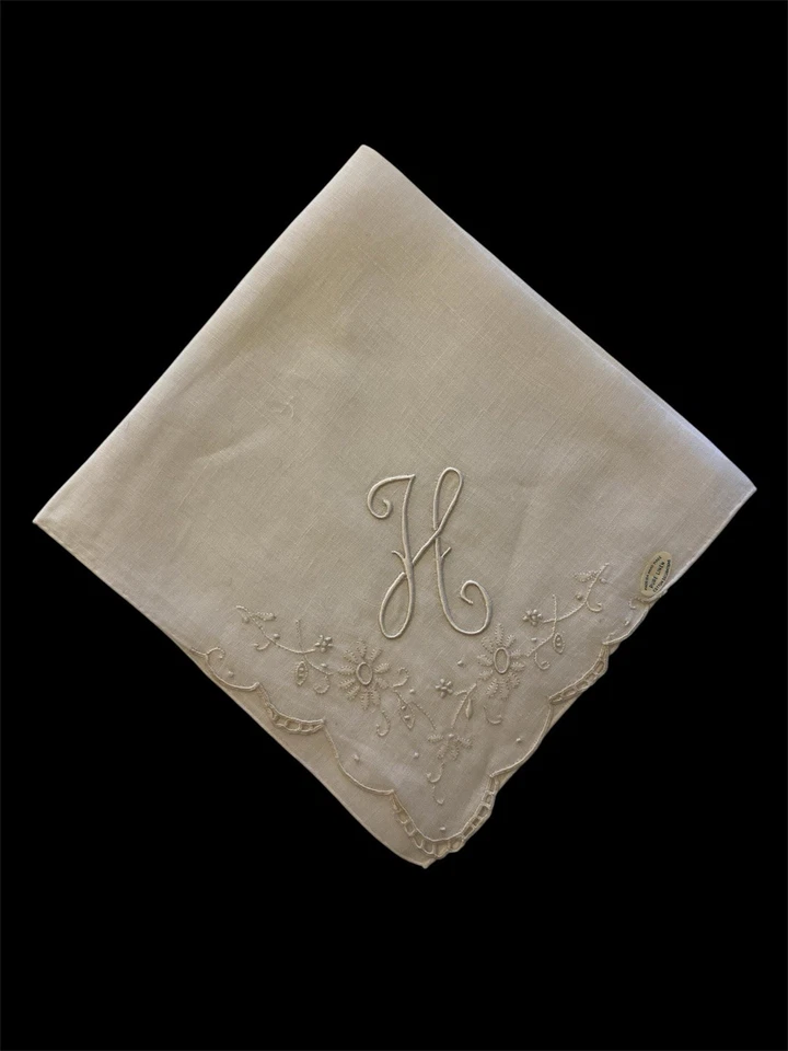 Pañuelo De Colección Madeira Lino Monograma "H" Marfil Blanco Bordado Novia 13" Foto 2 de 4