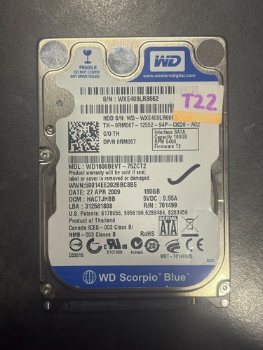Western Digital WD Scorpio Blue WD1600BEVT-75ZCT2 160GB SATA 2,5" Festplatte HDD