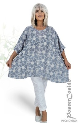 LAGENLOOK Tunika Bluse Shirt jeans-blau sand 46 48 50 52 54 56 58 XXL-XXXL