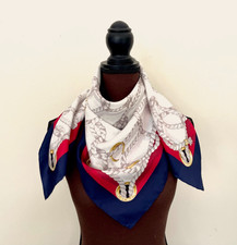 New Unisex Gucci Scarf Logo White Ropes Print Red Blue Border Silk Wrap