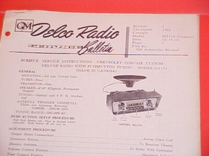 1962 CHEVROLET CORVAIR MONZA SPYDER DELCO RADIO SERVICE MANUAL 985159 CANADIAN