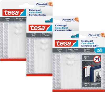 Tesa Klebenagel für Tapeten und Putz 2kg im 3er Pack Selbstklebende Nägel