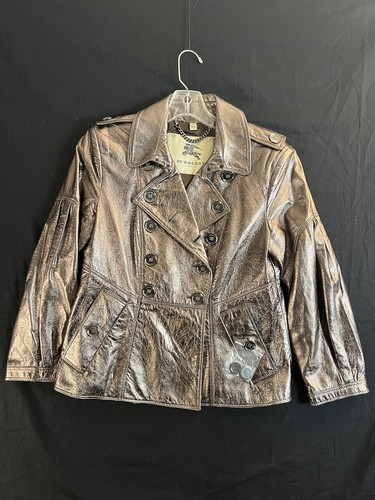 Burberry Lambskin Leather Metallic Short Trench Coat Jacket Womens US 6 Slim Fit - Picture 2 of 21