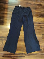 Escada Black Lable Wide Leg High Waist Slit Navy Silk Pants Size 40