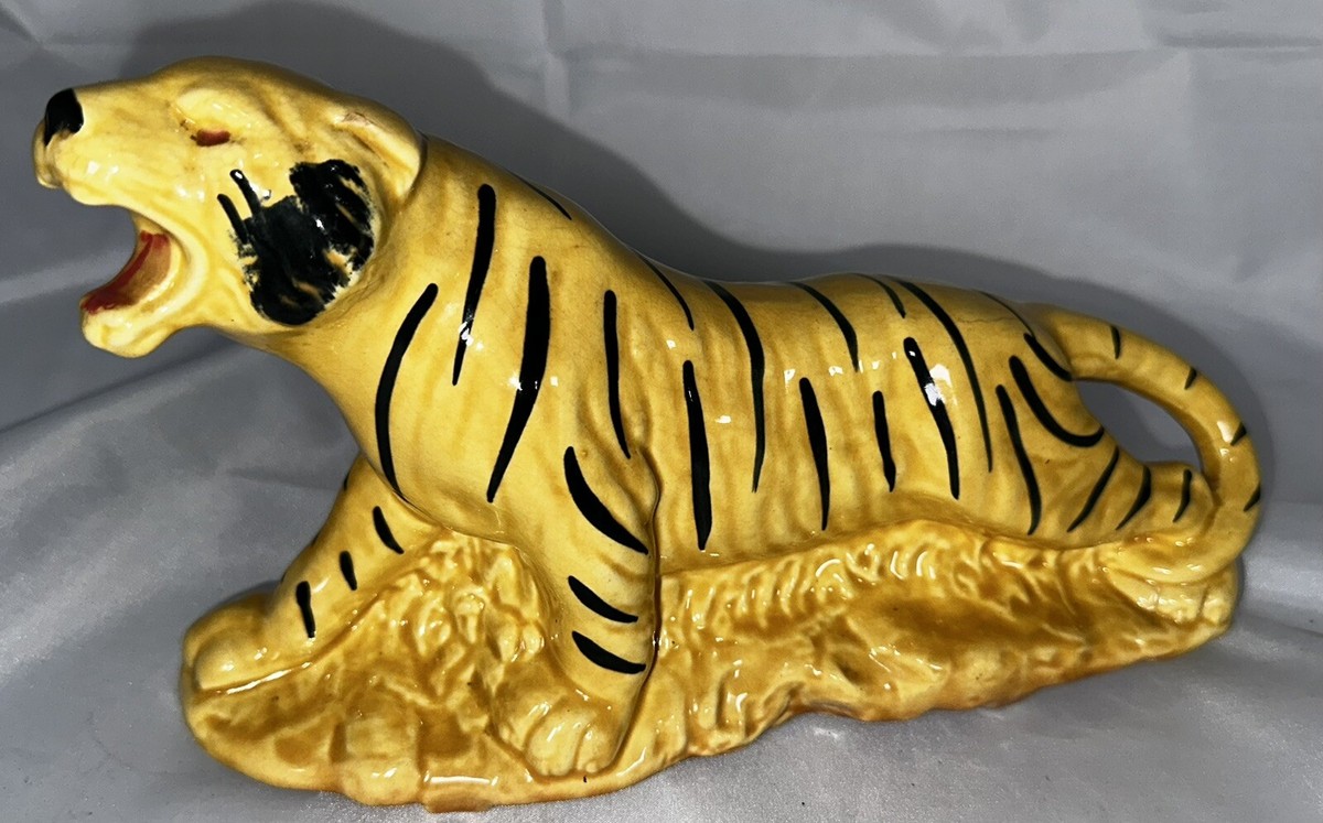 vintage mid century modern ceramic tiger planter yellow figurine
