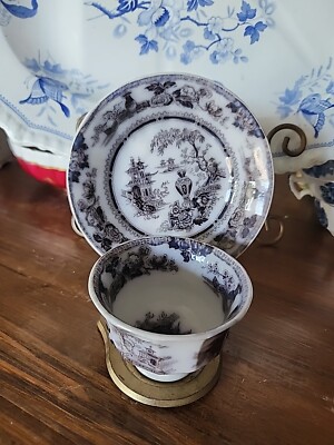 Antique Mulberry Transferware Handless Cup And Saucer Jeddo