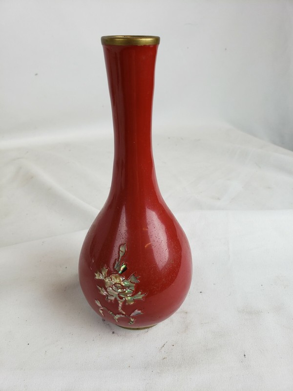 Nice vintage brass enamel and mother of pearl vase, chinese? ca. 1960s