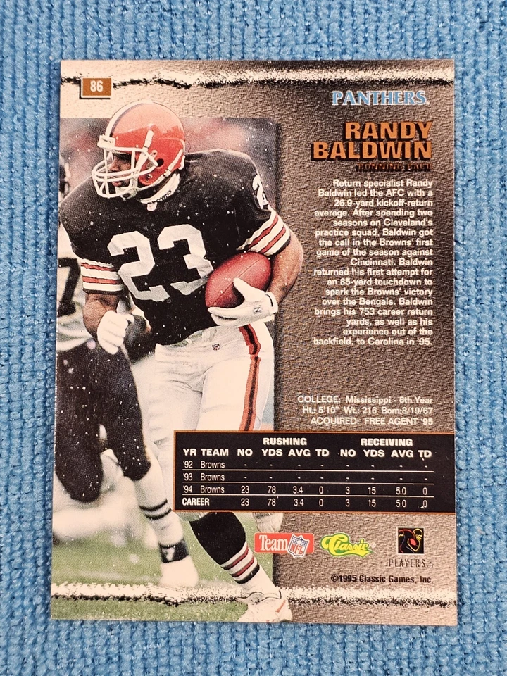 1995 Pro Line Silver 🏈 Football Card #86 Randy Baldwin RB Carolina Panthers - Image 2 of 2