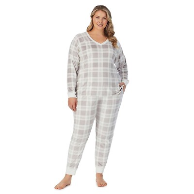 Cuddl Duds Womens Gray Cream Plaid Velour V Neck Pajamas