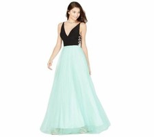 Blondie Nites Junior Womens 3 Black Mint Side X Mesh Chiffon Bottom Gown NWT