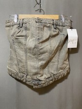 NWT ZARA Women Strapless Smocked Zip Back Corset Style Denim Crop Top SZ S Grey
