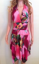 Tropical Print Halter Sundress-Spring Summer Fashion-Handkerchief Hem Size Large