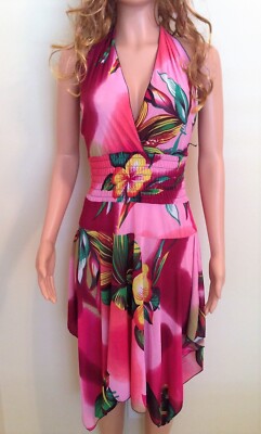 Tropical Print Halter Sundress-Spring Summer Fashion-Handkerchief Hem Size Large