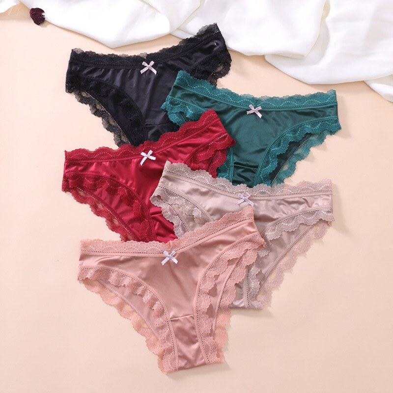 5 Pairs Sexy Womens Satin Panties Briefs Lace Trim Underwear Lingeries  Hipster | eBay