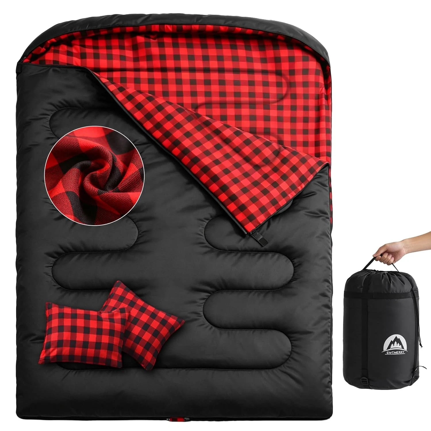 Double Sleeping Bag Adults XL Queen Size Big & Tall 2 Pillows Camping (75