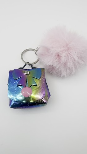 Schlüsselanhänger holografische Handtasche rosa Bommel Kunstleder Strass Taschenanhänger - Video 1 von 1