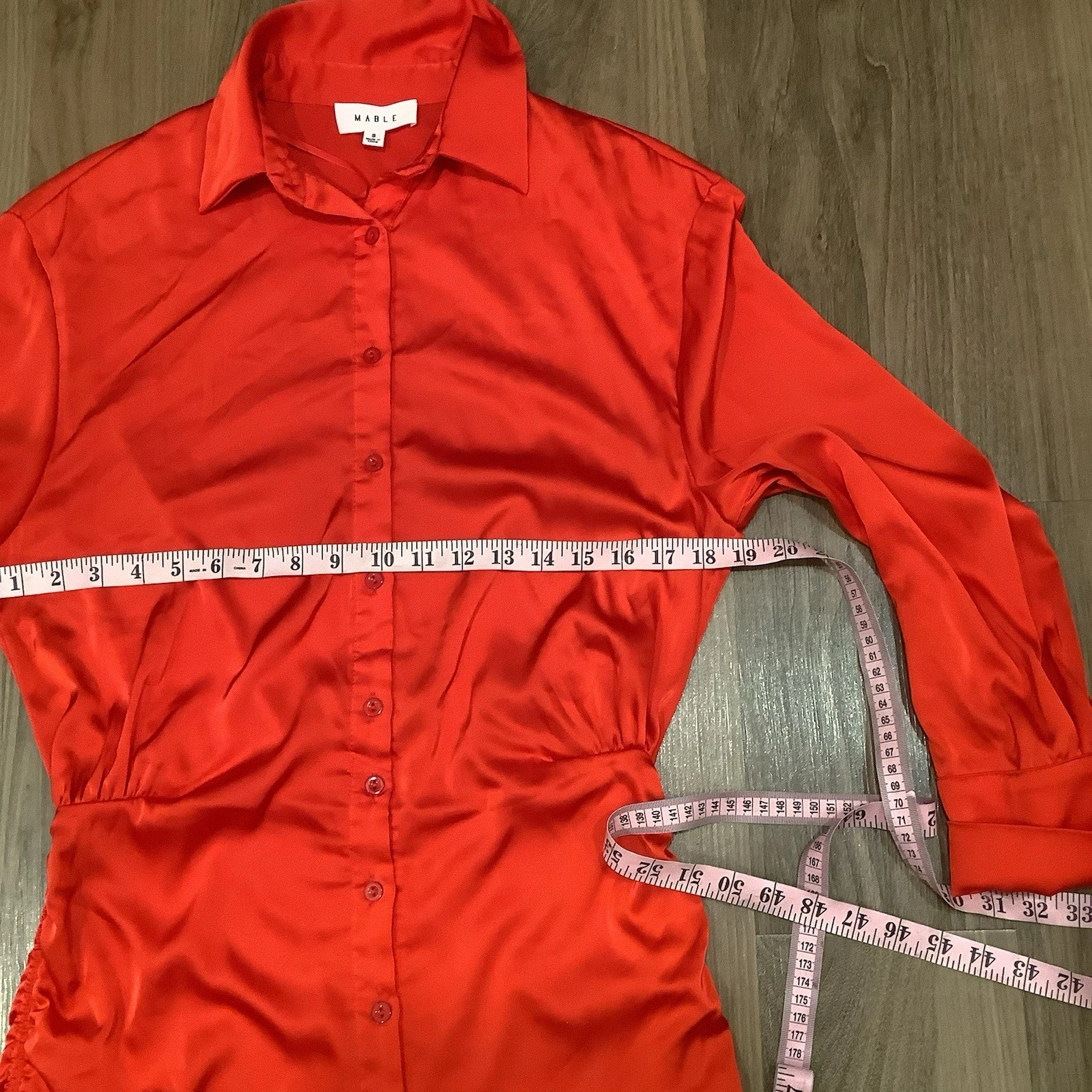 VALENTINO MABLE Abito Camicia Rosso Raso Bottoni Manica Lunga Increspato Lato Regolabile S