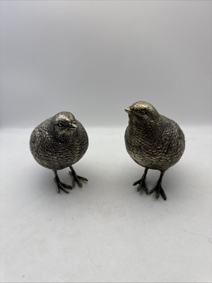 Pair Quail Bird Figurines 5''x6'' Silver Gold Farmhouse Decor