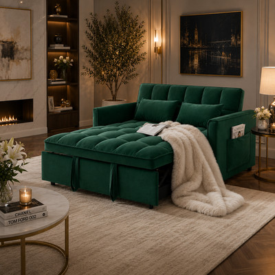3-in-1 Sleeper Sofa Bed Green Velvet Pull-Out Futon Loveseat Couch