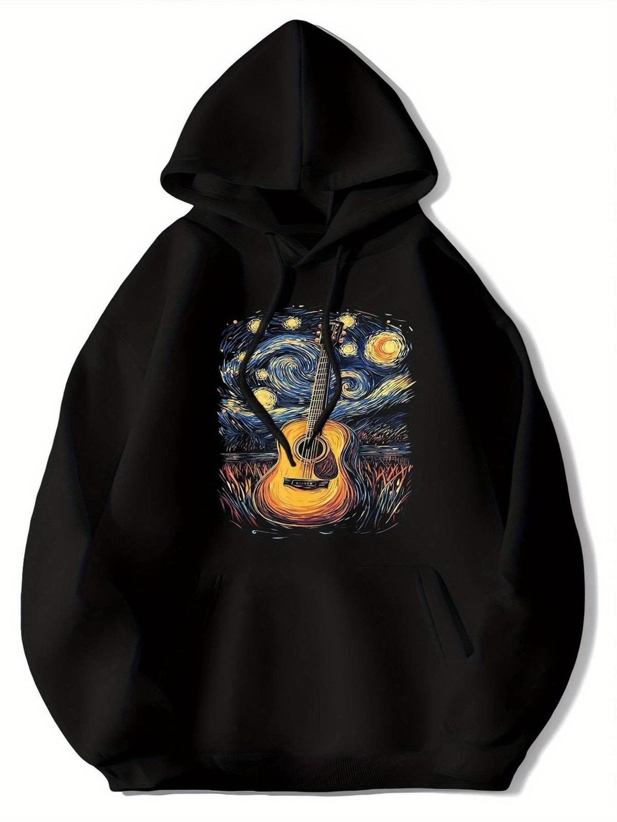 Men'S Van Gogh Starry Night & Guitar Hoodie - Fleece-Lined Artistic Pullover