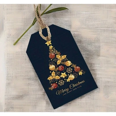 INSPIREDBYTWYLA 10 Christmas Gift Tags with Hemp Rope - Black with Golden Christmas Tree